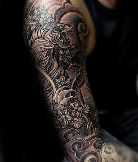 Tattoo Trends Floral Japanese Tiger With Ocean Waves Mens Sleeve