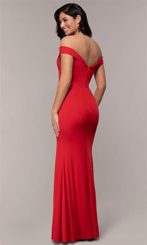 off shoulder side slit long red prom dress promgirl