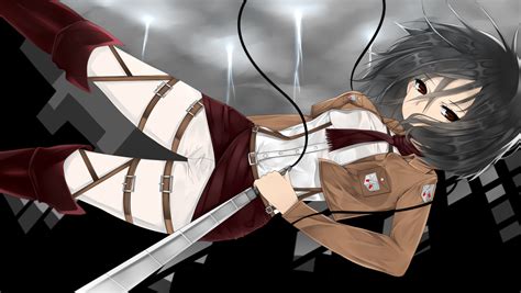 Aoiken Black Hair Boots Mikasa Ackerman Red Eyes Scarf Shingeki No