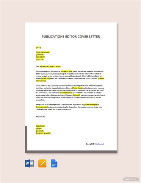 publications editor cover letter template  word google docs pages