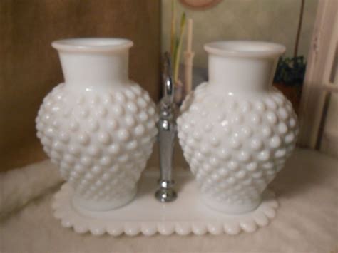 2 Fenton Milk Glass Vase Hobnail With Tray Vintage White 5 Inches Tall
