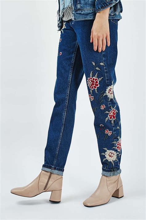 2018 fashion embroidery flower pattern long jeans fall boho ripped