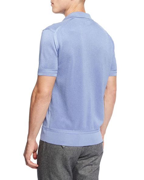 tom ford cotton textured johnny collar short sleeve shirt in light blue blue for men lyst