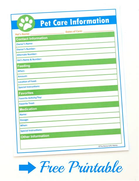 pet care information printable  pet sitters  resourceful mama