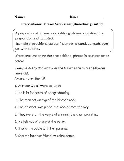prepositions worksheets prepositional phrases prepositional phrases