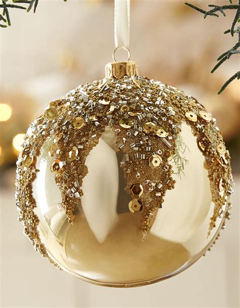 Gold Opal Glass Ball Christmas Ornament With Beads Gold Christmas