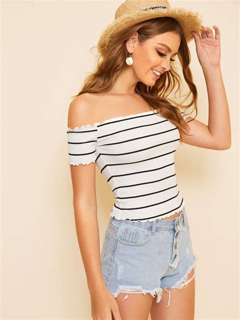 Off Shoulder Striped Fitted Top Shein Striped Shorts Striped Top