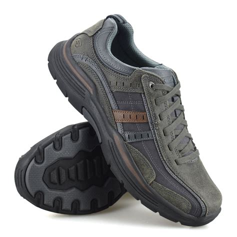 mens  skechers leather wide fit memory foam lace  casual walking shoes size ebay