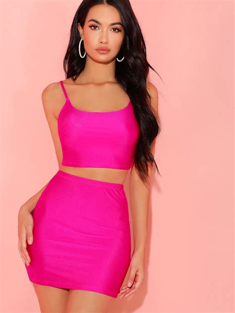 Hot Neon Pink Sleeveless Spaghetti Strap Cami Crop Top And Skirt Set In