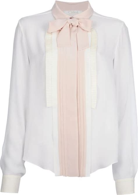 chloé pleated pussy bow blouse in white lyst