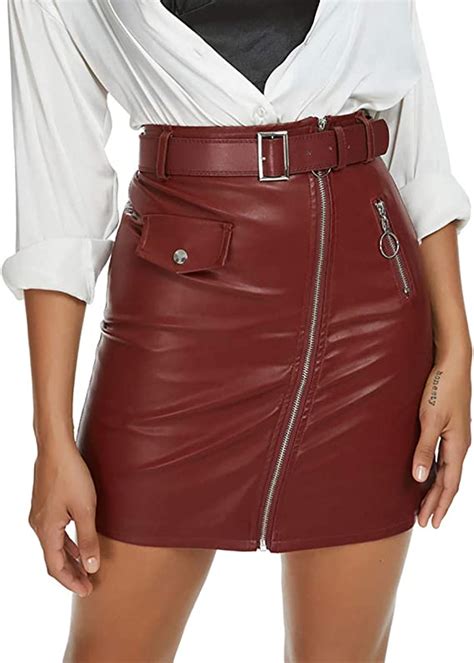 Alcea Rosea Women S Faux Leather Mini Skirt With Belt Zip A Line