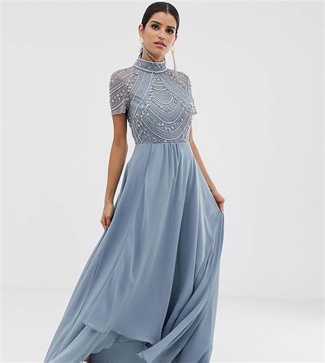asos design tall lange jurk met korte mouwen en versierd lijfje multi tall fashion