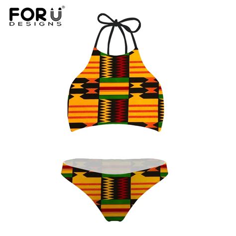 forudesgins swimsuit women retro african printing bikini set high neck