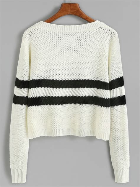 White Striped V Neck Crop Sweaterfor Women Romwe