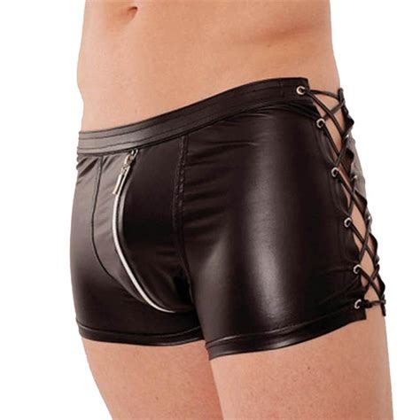 mens faux leather boxer shorts wetlook clubwear strappy zipper front