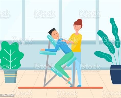 masseuse massaging back of client massage chair stock illustration