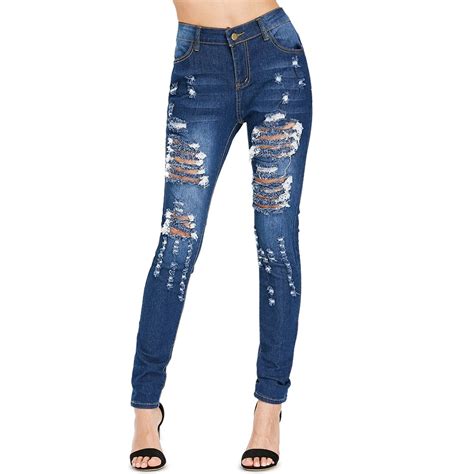 fashion zipper fly high waisted distressed jeans elastic