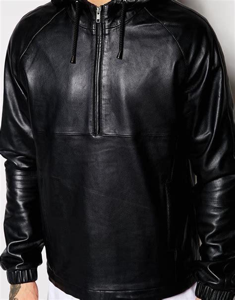 lyst asos leather hooded pullover jacket  black  men