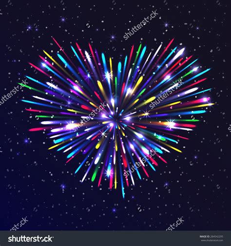 Heart-shaped firework with multicolored lights. The glow