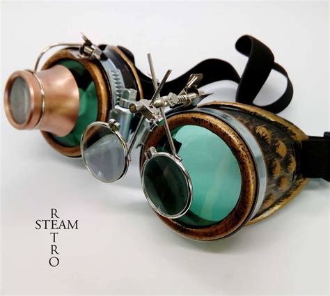 bronze steampunk goggles double loupe green lens cyber etsy