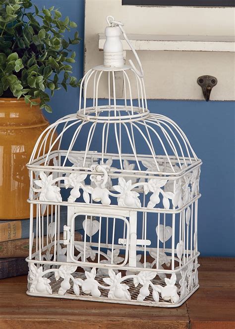 decmode distressed white metallic decorative bird cage  metal hook