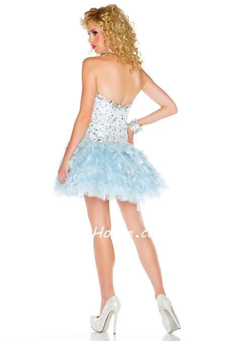 fashion ball strapless short mini light blue feather beaded homecoming cocktail dress