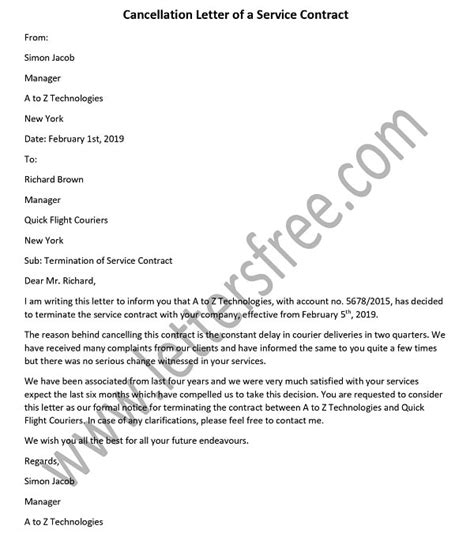 cancellation letter   service contract sample   write