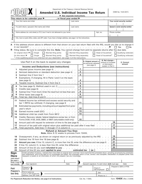 Form 1040 X Amended U S Individual Income Tax Return