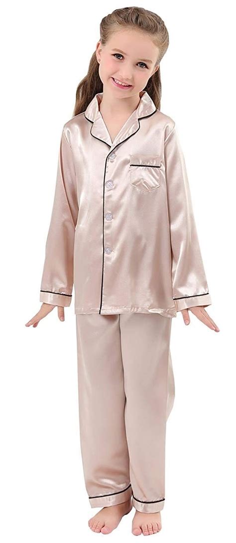kids satin pajamas set pjs long sleeve button  sleepwear loungewear champagne