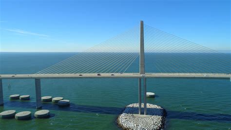 aerial drone flyby sunshine skyway bridge tower  cables  p stock footagesunshineskyway