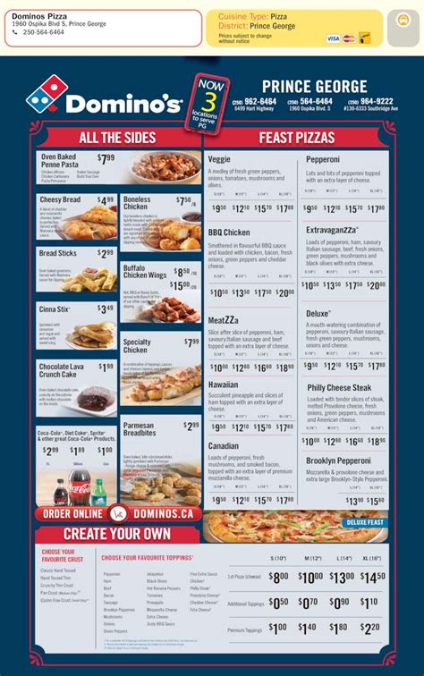 dominos pizza menu hours prices  ospika blvd  prince george bc