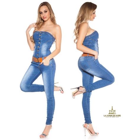 comprar jumpsuit escote bandeau de jean monos ajustados