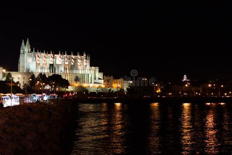night view  palma de mallorca cathedral la seu   port palma majorca stock photo