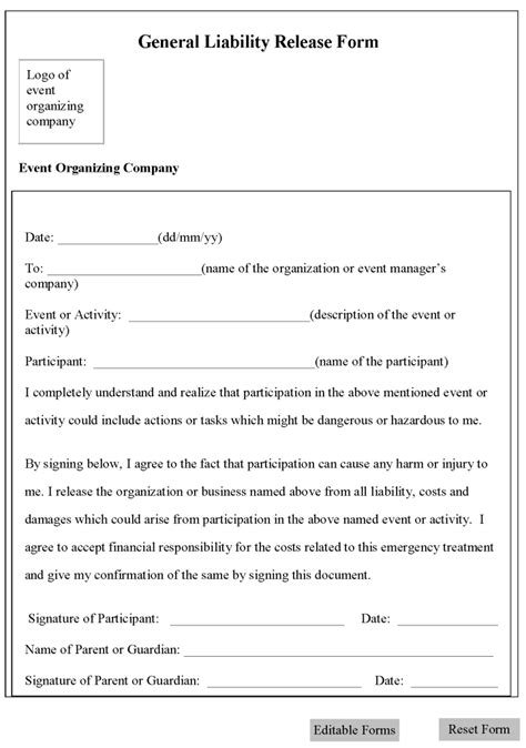 printable liability release form template form generic