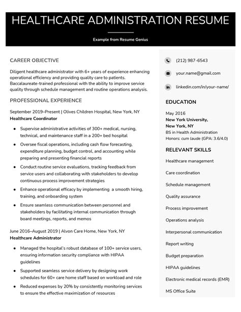 healthcare administration resume sample  template
