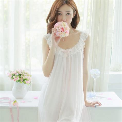 Women Sexy Nightgown Decoration Lace Sleepwear White Modal Cotton