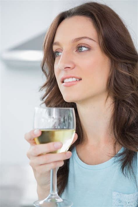 Thoughtful Brunette Drinking White Wine Stock Image Image Of Calm