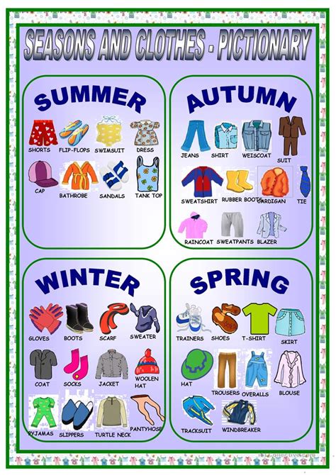 clothes  seasons pictionary worksheet  esl printable