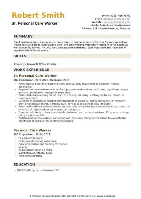 personal care worker resume samples qwikresume