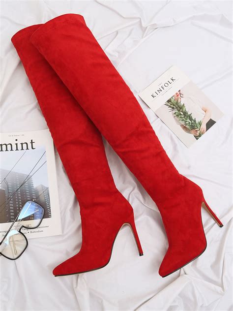red over the knee boots suede pointed toe wide calf high heel boots
