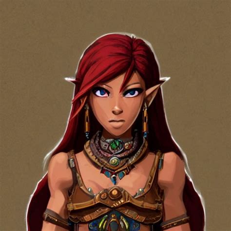{{{red haired dark skinned female gerudo mage in ancient leather