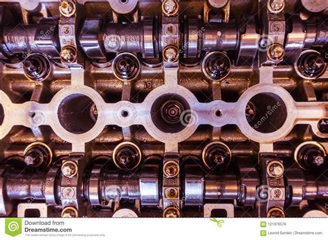 close   parts  engine head camshaft  valve system stock photo