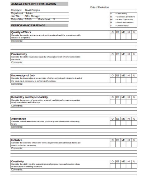 sample job performance evaluation forms   ms word excel
