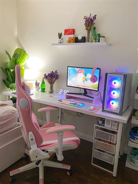 Pink And White Pc Gaming Setup Yatak Odası Kurulumu Oyun Odası