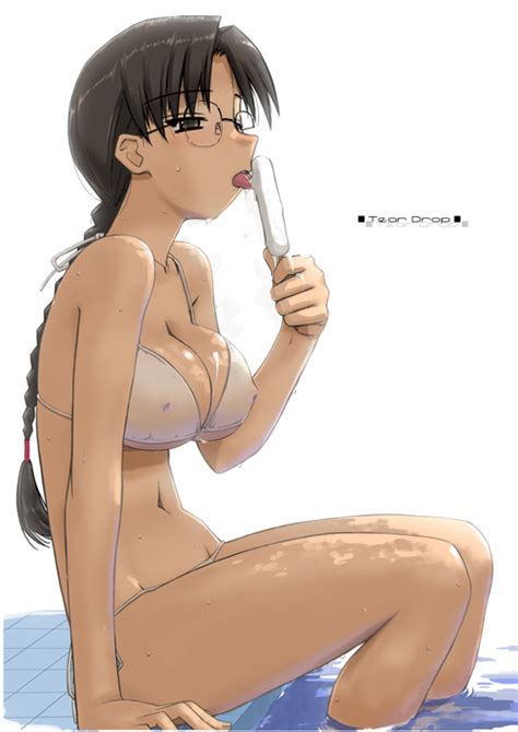 1girl Bikini Braid Breasts Eating Erect Nipples Glasses Hoshina Tomoko