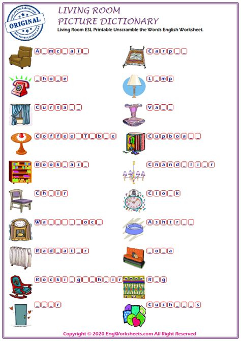 living room printable english esl vocabulary worksheets engworksheets