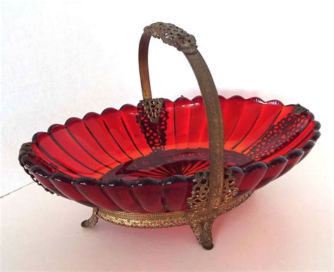 stunning ruby red imperial glass fluted basket ornate metal handle footed frame imperialglass