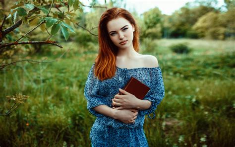 Wallpapers Portrait Redhead Blue Eyes Outdoors Book