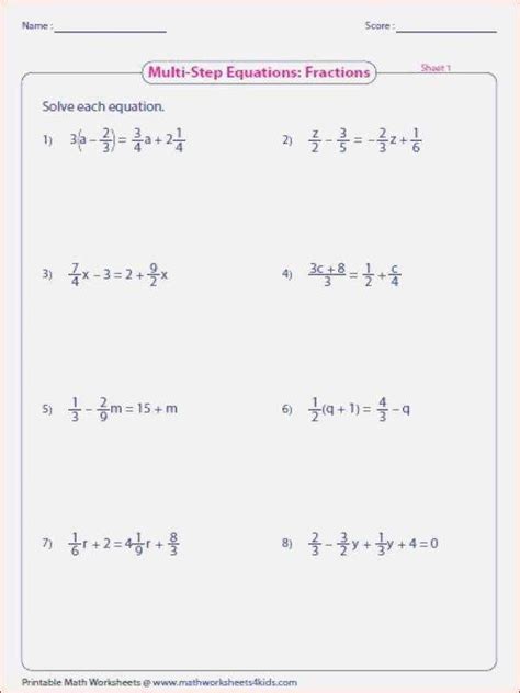 multi step equations worksheet variables   sides briefencounters