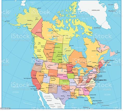 Usa And Canada Large Detailed Political Map Stock Vector